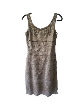 Jessica Howard Formal Cocktail Dress Taupe Beaded Ruffle Tiered 6 Wedding Party